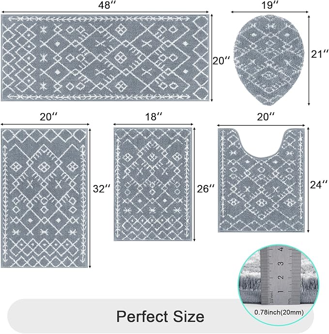 HEBE Bathroom Rugs Sets 5 Piece, Soft Absorbent Microfiber Bath Mat for Bathroom, Non Slip Washable Bath Rug Set with Toilet Cover, Bath Runner and U-Shaped Contour Toilet Rug, Light Grey