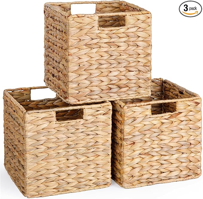 10.5x10.5 Water Hyacinth Storage Baskets, Collapsible Square Wicker Baskets Cube Storage Bins for IKEA Kallax, Set of 3