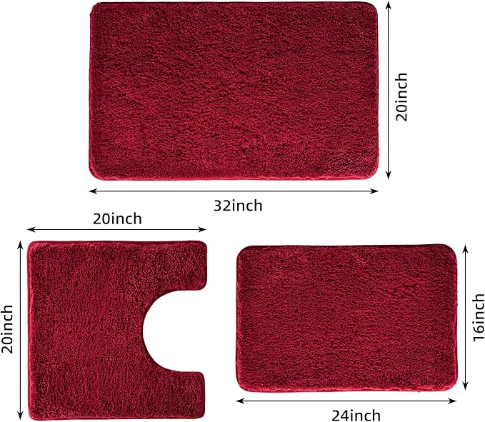 3 Pieces Luxury Bathroom Rug Set with U-Shaped Toilet Rug, Non-Slip Rubber Bottom, Thick Microfiber Fluffy Plush, Water Absorption, Quick Dry, Ultra Soft, Bath Mats for Bathroom, Tub(Dark Red)