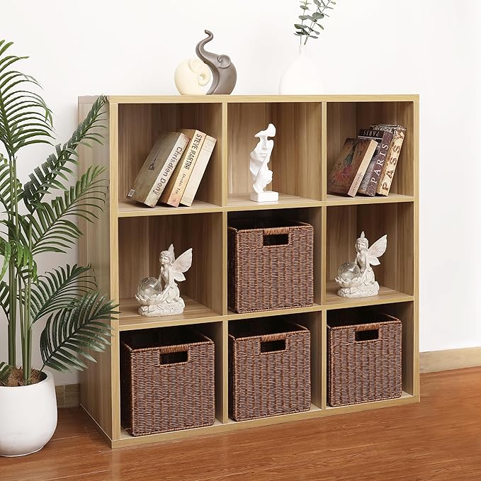 11X11X11in Brown Plastic Wicker Storage Basket, Foldable Cube Woven Storage Basket for Shelves, 11x11 Cube Storage Bins Set of 3, Wicker Storage Baskets for Laundry Nursery Room