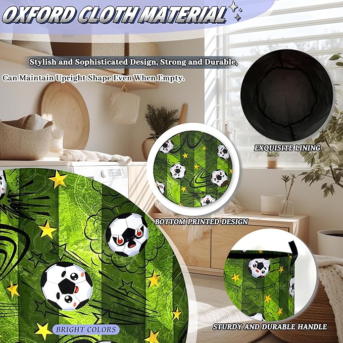 Funny Soccer Laundry Basket Foldable Football Laundry Hamper With Handle Oxford Cloth Portable Clothes Storage Basket Ball Laundry Bag 18.9"x16.5" For Laundry Room/Bedroom/Bathrooms