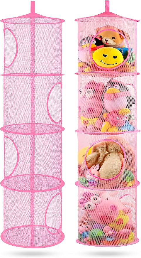 coastal rose Hanging Stuffed Animal Storage or Hammock Toy Net Hammock, Foldable Stuffed Animals Net 4 Compartments, Toy Storage Organizer for Plushies Organizer Mesh Kids Girls Room Decor, Pink