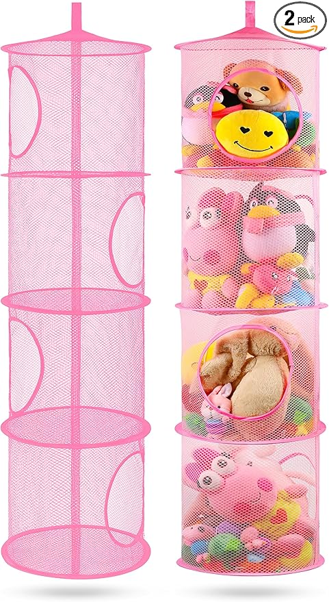coastal rose 2Pcs Stuffed Animal Storage Foldable Stuffed Animal Net or Hammock Organizer, 4 Compartments Hanging Mesh Toy Storage Hammock for Kid Room Toys, Gloves, Hats, Socks（Pink）