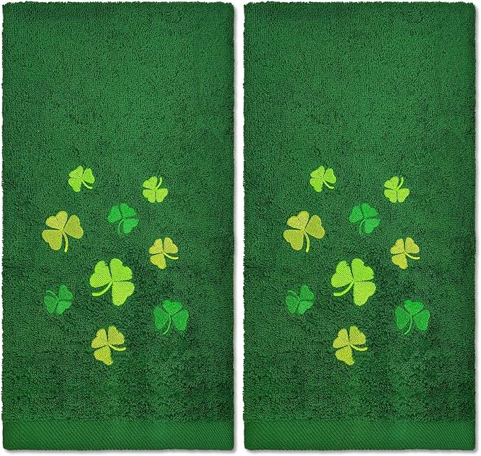 2Pcs Green St. Patrick's Day Hand Towels St Patricks Day Kitchen Towels Cotton Embroidered Irish Shamrock Bathroom Towel Clover for Holiday Spring Decoration