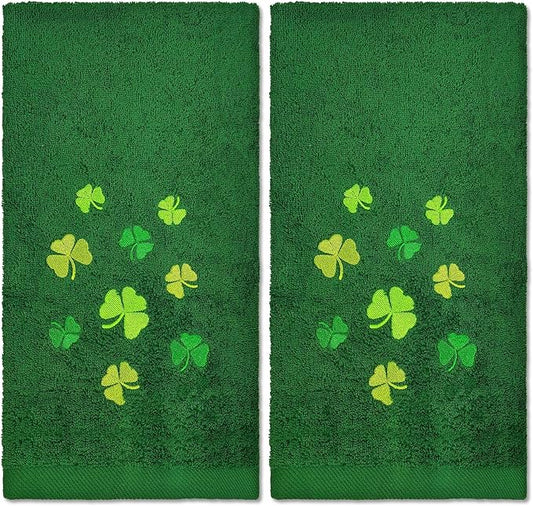 2Pcs Green St. Patrick's Day Hand Towels St Patricks Day Kitchen Towels Cotton Embroidered Irish Shamrock Bathroom Towel Clover for Holiday Spring Decoration