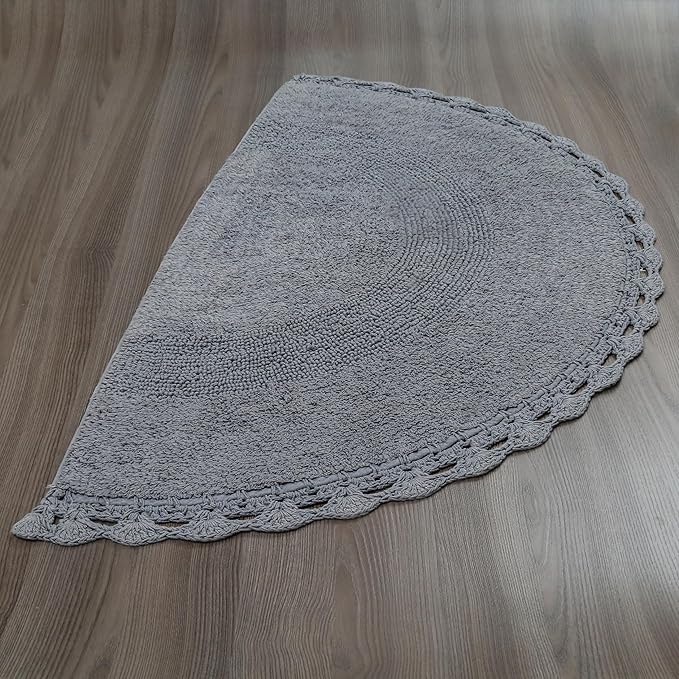 Half Moon Circle Bohemian Bathroom Rug with Handwoven Chrochet Border, Beautifully Handcrafted 100% Cotton Mat - 22x42", Round Boho Bedroom Rug, Boho Bathroom Décor, Machine Washable - Charcoal Grey