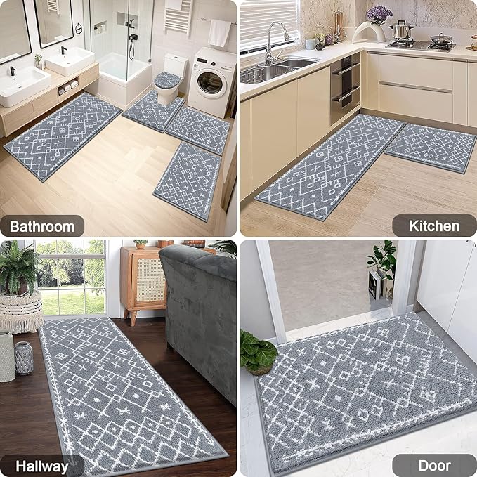 HEBE Bathroom Rugs Sets 5 Piece, Soft Absorbent Microfiber Bath Mat for Bathroom, Non Slip Washable Bath Rug Set with Toilet Cover, Bath Runner and U-Shaped Contour Toilet Rug, Light Grey