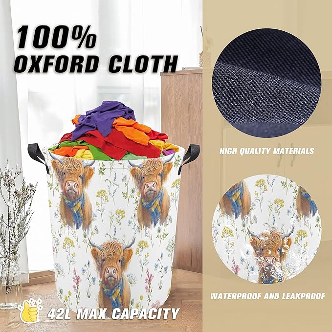 Highland Cow Laundry Basket Flower Foldable Oxford Cloth Funny Tote Bag Laundry Hamper Clothes Storage Bucket Organizer For Bathroom/Laundry Storage/Bedroom Storage Basket 17.7x13.7