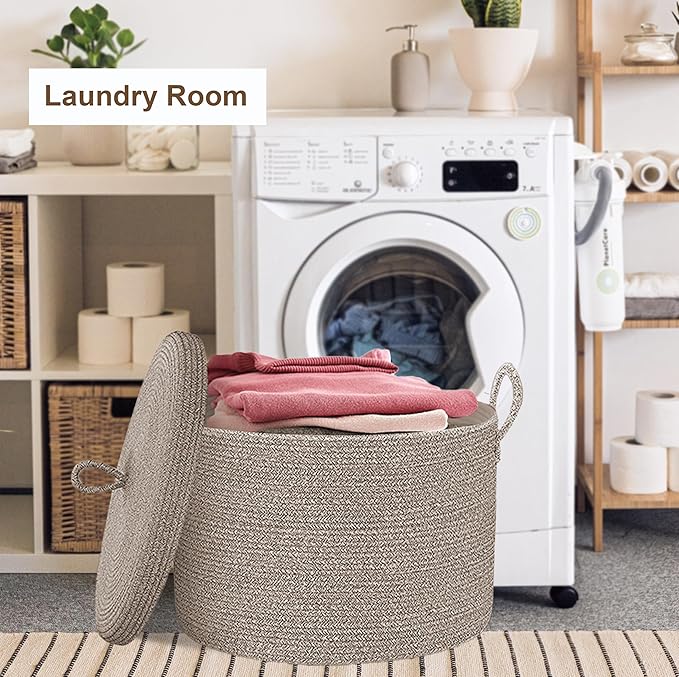 21" x 18" Extra Large storage baskets,Decorative blanket basket with lid for Living room,rope baskets with lid,wicker hamper for bedroom,Big,Round,Brow