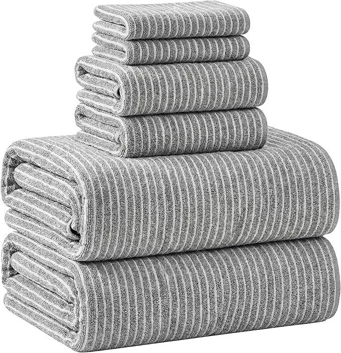 6 Pcs Oversized Bath Towels for Adults 35x70 Inches Gray & White Striped Extra Large Bath Towel Sets Bathroom Sheets Jumbo Shower Towels Quick Absorbent Soft Microfiber for Women Men
