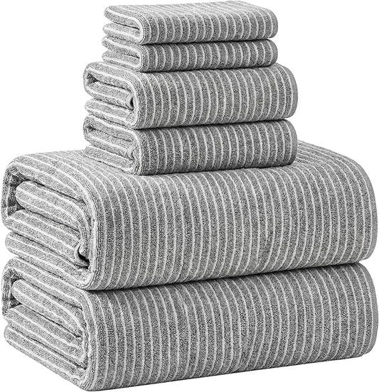6 Pcs Oversized Bath Towels for Adults 35x70 Inches Gray & White Striped Extra Large Bath Towel Sets Bathroom Sheets Jumbo Shower Towels Quick Absorbent Soft Microfiber for Women Men