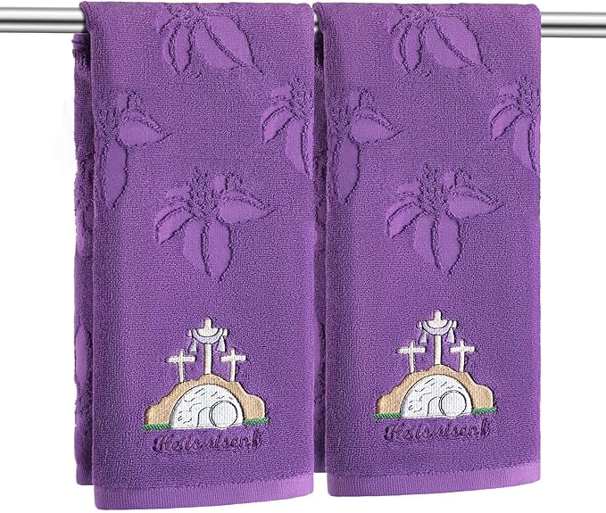 2 Pcs Easter Hand Towels for Bathroom He is Risen Easter Christian Bath Towels Purple 100% Cotton Jacquard Embroidered Decorative Religious Gift Set Kitchen Decor Home Accessories