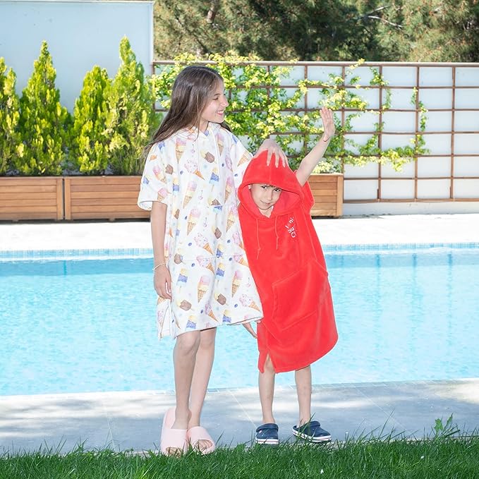 Venice Surf Club Cotton/Microfiber Kids Surf Poncho, Wetsuit Changing Towel Bath Robe with Hood and Pocket for Ages 3-7 and 8-12 (Ice Creams, 3-7 Years)