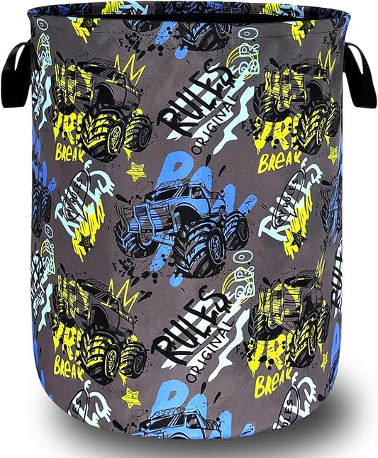 Funny Cars Pattern Laundry Basket Foldable Cartoon Colorful Laundry Hamper With Handle Oxford Cloth Portable Clothes Storage Basket Laundry Bag 18.9"x16.5" For Laundry Room/Bedroom/Bathrooms
