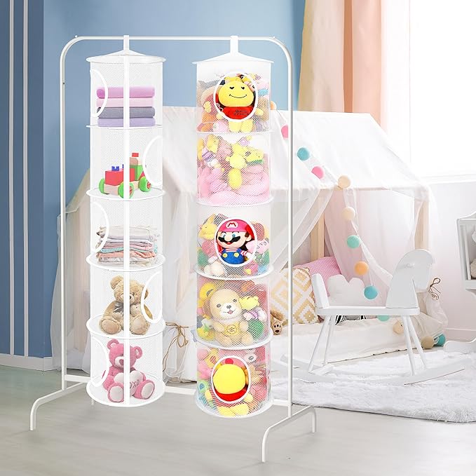 2Pcs Hanging Mesh Space Saver Bags Organizer, Foldable Stuffed Animal Storage Organizer 5 Compartments Toy Storage Organizer for Kid Room Toys, Gloves,Hats,Socks Storage, White