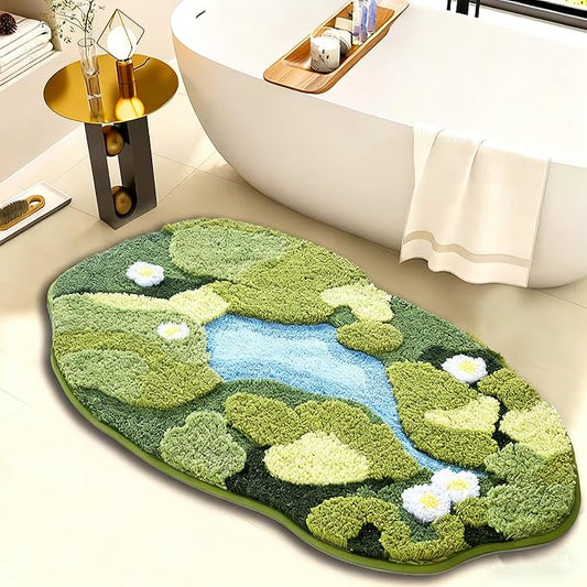 3D Moss Bath Mat - Ultra Thick & Soft, Water Absorbent, Non-Slip Bathroom Rug for Shower Floor, Bedroom Decor | Moss Green, Oval (24"x43")