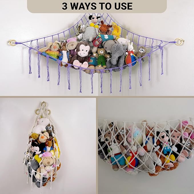 Large Stuffed Animal Hammock Corner - Stuffed Animal Storage - 100% Natural Cotton Macrame Stuffed Animal Net - Stuff Animal Organizer - Net For Stuffed Animals Corner Large - Purple