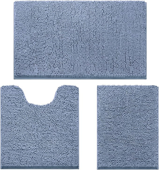 HOMEIDEAS 3 Pieces Bathroom Rugs, Ultra Soft Non Slip Absorbent Chenille Toilet Bath Mat Set (Grey Blue)