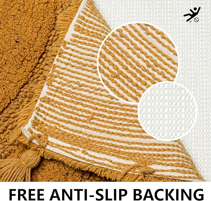Half Circle Boho Bathroom Rugs with Tassels 100% Cotton Hand-Woven Bath Rugs Non Slip Absorbent Crochet Rugs Machine Washable Boho Bath Mats for Bathroom Floor Tub