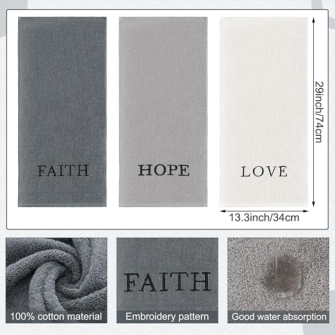 3 Pcs Faith Hope Love Farmhouse Decorative Hand Towels for Bathroom and Kitchen Rustic Embroidered 100% Cotton Hand Towels Decorative Set for Boho Bathroom Decor