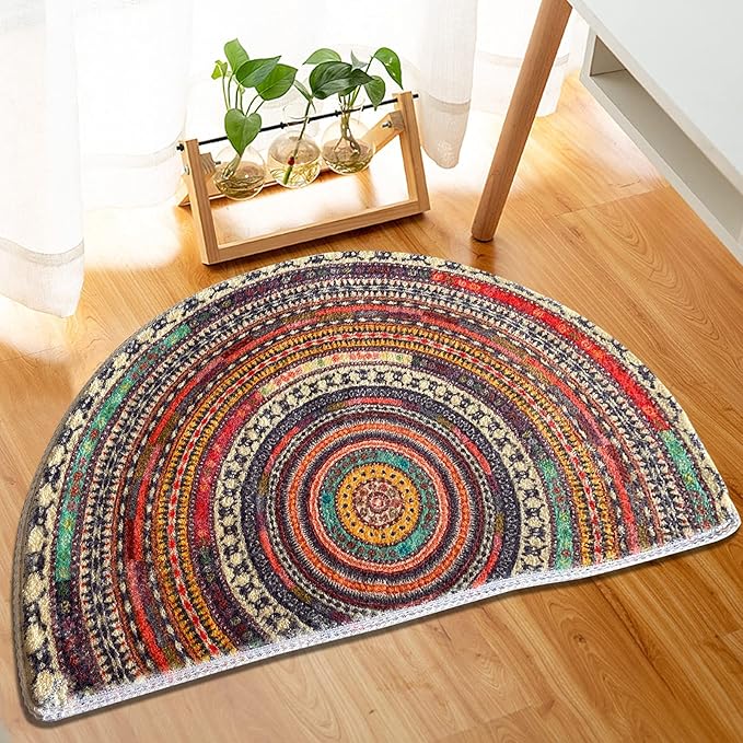 Half Round Door Mat,Semi Circle Bathroom Floor Rug,Mandala Boho Bohemian Non-Slip Welcome Entrance Way Absorbent Bath Mat,Microfiber Tufted Indoor Rug for Kitchen Living Room (Multicolor)…