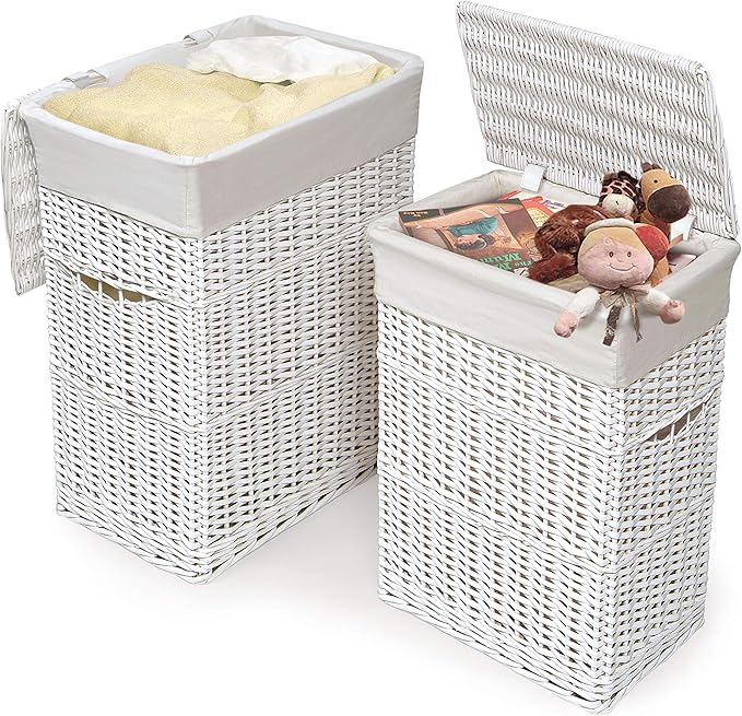 Badger Basket Wicker Nursery Laundry Hampers Set of 2 with Lids and Washable Liners – Large Durable Storage Baskets for Clothes, Toys, and Baby Room Organization, White