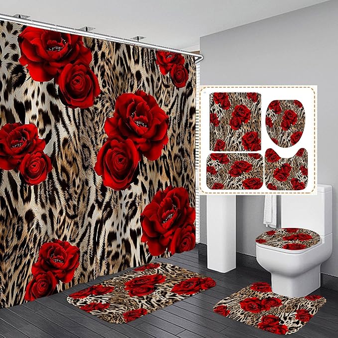 4PCS/Set Brown Leopard Print Shower Curtain, Romantic Red Rose Panthera Cheetah Safari Wildlife Wild Animal Skin Pattern Women Bathroom Decor, Non-Slip Bath Rugs Toilet Mats, Blooming Floral