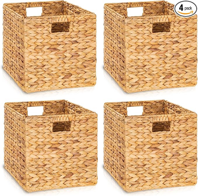 10.5x10.5in Wicker Storage Baskets, Handwoven Water Hyacinth Foldable Cube Bins for 11.5" × 11.5" and Larger Cube Shelves, Set of 4 (Natural)