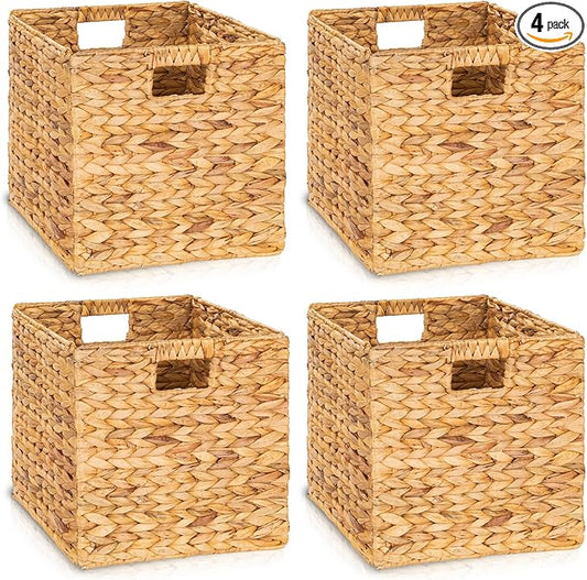 10.5x10.5in Wicker Storage Baskets, Handwoven Water Hyacinth Foldable Cube Bins for 11.5" × 11.5" and Larger Cube Shelves, Set of 4 (Natural)