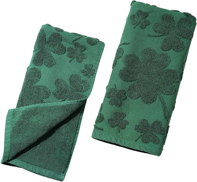 2 Pcs St. Patrick's Day Hand Towels 3D Green Shamrock Bathroom Decorative Towels for Drying, Cleaning, Cooking, Holiday 16'' x 28'' with Gift Box(Green)