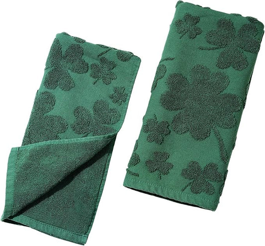 2 Pcs St. Patrick's Day Hand Towels 3D Green Shamrock Bathroom Decorative Towels for Drying, Cleaning, Cooking, Holiday 16'' x 28'' with Gift Box(Green)