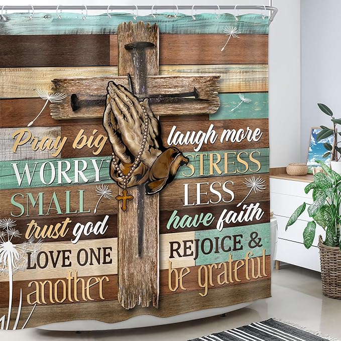 Homewelle Farmhouse Bible Verse Shower Curtain Christian Retro Rustic Wooden Prayer Scripture Inspirational Quotes 60Wx72H Inch Wood Cross Dandelion Flower Waterproof Polyester Fabric Bathroom Bathtub