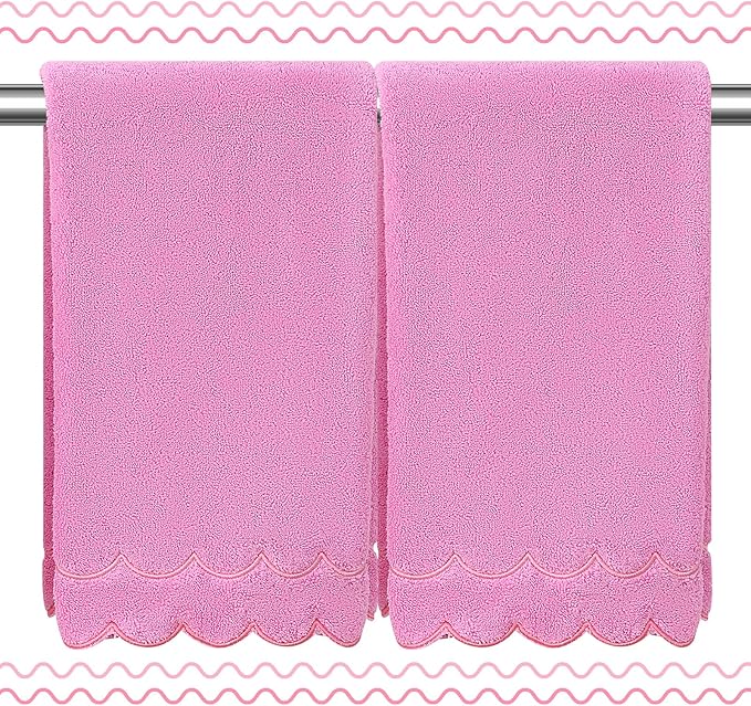 2 Pcs 100% Cotton Bath Towels for Bathroom 16 * 27 Inch Scalloped Bath Towels Embroidered Decorative 600 GSM Soft Absorbent Bath Towel for Bathroom Hotel Spa Sport Yoga (Prue Pink)