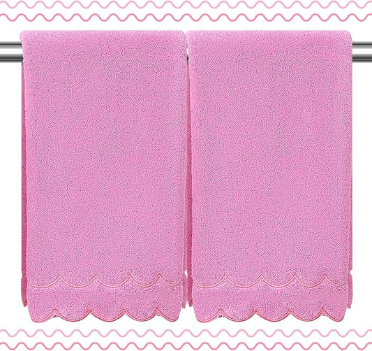 2 Pcs 100% Cotton Bath Towels for Bathroom 16 * 27 Inch Scalloped Bath Towels Embroidered Decorative 600 GSM Soft Absorbent Bath Towel for Bathroom Hotel Spa Sport Yoga (Prue Pink)