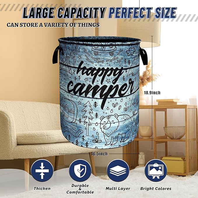 Retro Camping Printed Laundry Basket Foldable Bears Funny Laundry Hamper With Handle Oxford Cloth Portable Clothes Storage Basket Laundry Bag 18.9"x16.5" For Laundry Room/Bedroom/Bathrooms