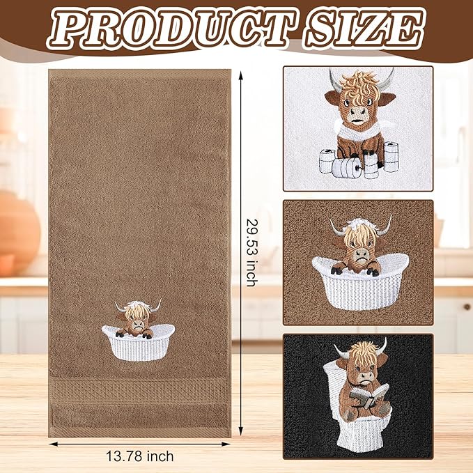 3 Pcs Highland Cow Hand Towels for Bathroom Embroidered Bathroom Towels Farmhouse Decorative 13.78 x 29.53 Inch Absorbent Soft Cotton for Dish Fast Drying Decor