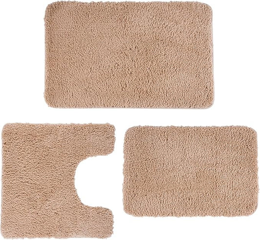 3 Pieces Luxury Bathroom Rug Set with U-Shaped Toilet Rug, Non-Slip Rubber Bottom, Thick Microfiber Fluffy Plush, Water Absorption, Quick Dry, Ultra Soft, Bath Mats for Bathroom, Tub(Beige)