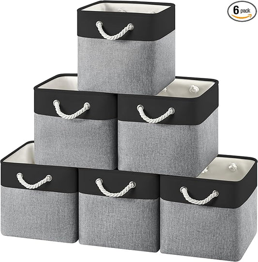 12x12 Storage Cube Bins, 6 Pack Reinforced Bottom Cardboard Foldable Box, Organizer for Closet Shelves, Heavy Home Storage Baskets (Black Gray)
