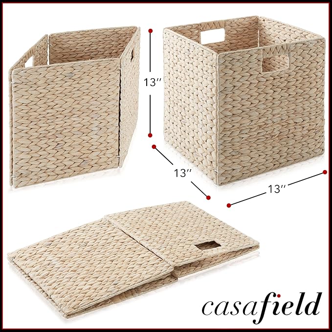 Casafield 13" x 13" Hyacinth Storage Baskets, Whitewash - Set of 4 Storage Organizers, Woven Wicker Cubes for Bathroom, Bedroom, Laundry, Shelves