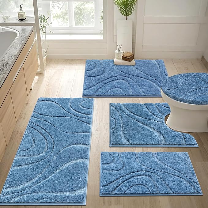 HEBE Bathroom Rugs Sets 5 Piece, Soft Absorbent Microfiber Bath Mat for Bathroom, Non Slip Washable Bath Rug Set with Toilet Cover, Bath Runner and U-Shaped Contour Toilet Rug, Blue