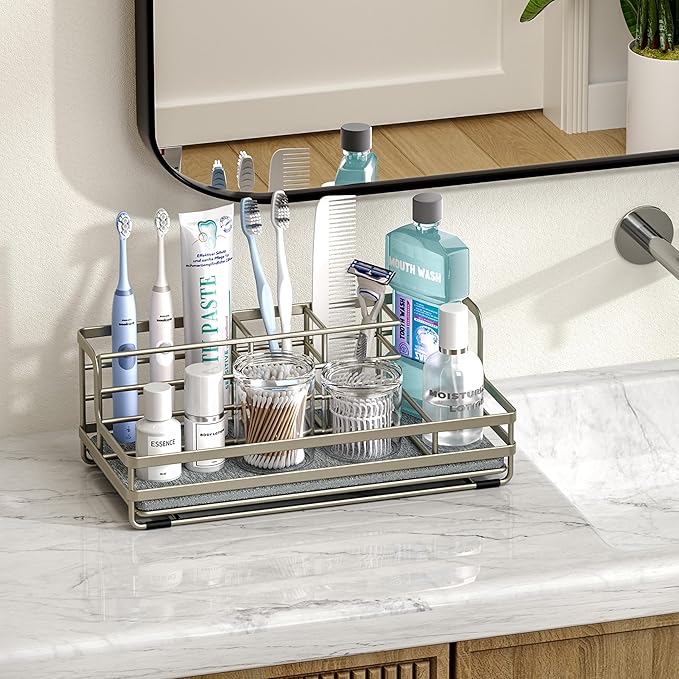 HapiRm Toothbrush Holders for Bathroom - 5 Partitions Bathroom Counter Organizer with Instant Drying Stone, Stainless Steel Countertop Storage Electric Toothbrush Toothpaste Holder - Brushed Nickel