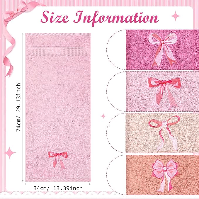4 PCS Pink Bow Hand Towels Set 29" x 13" Coquette Bow Embroidered Decorative Towel Absorbent Kitchen Bath Preppy Decor for Hand Drying Bridal Shower Wedding Gift