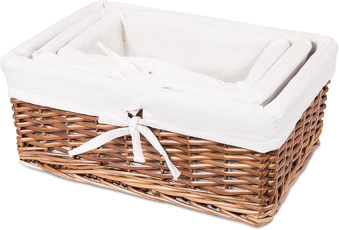 BirdRock Home Woven Willow Baskets with Liner | Set of 5 | Rectangular Hampers and Storage Bins with Lids | Decorative Wooden Wicker Baskets | Organizer | Natural (Brown)