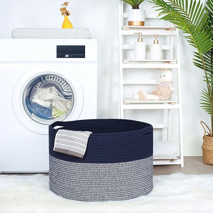 MINTWOOD Design Extra Large 22 x 14 Inches Blanket Storage Basket, Laundry Basket, Decorative Woven Cotton Rope Baskets for Blanket Storage Living Room, Dog Toy Storage Basket Bin, Navy Blue
