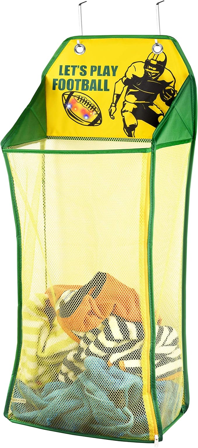 Store & Score Over The Door Hanging Kids Fun LED Football Light-Up Collapsible Mesh Construction Laundry Hamper Basket, Toy Chest, Heavy Duty Metal Hooks Included. Patent Pending