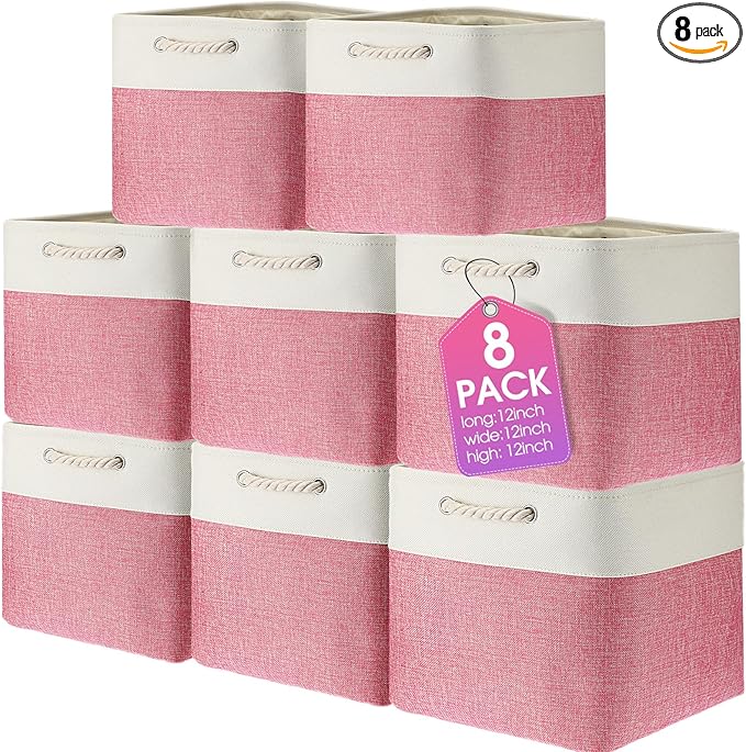 meekoo 8 Pack Collapsible Storage Bins Fabric Storage Bins Polyester Fabric Baskets with Handles Linen Closet Organizer for Shelf Home Closet Towels Toys(12 x 12 x 12 in,Pink White)
