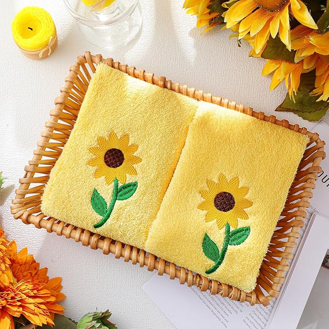 2 Pcs Sunflowers Hand Towels Bright Yellow Bathroom Decor 14x29 Inch Embroidered 100% Cotton Soft Absorbent Spring Summer Decorative Hand Towels for Bathroom Kitchen