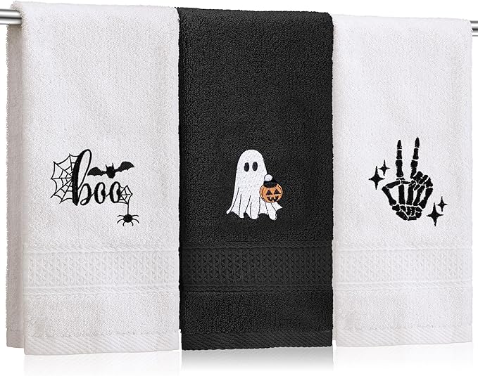 3 Pcs Halloween Hand Towels for Bathroom, Boo Ghost Black White Embroidered Towels Farmhouse Decorative 13.78 x 29.53 Inch Absorbent Soft Cotton for Kitchen Dish Fast Drying Gift
