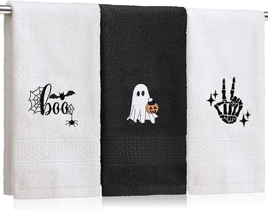 3 Pcs Halloween Hand Towels for Bathroom, Boo Ghost Black White Embroidered Towels Farmhouse Decorative 13.78 x 29.53 Inch Absorbent Soft Cotton for Kitchen Dish Fast Drying Gift
