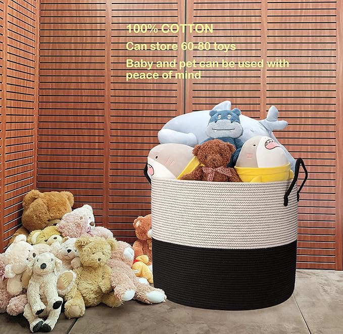 21" x 18"Extra Large storage baskets,Eco-friendly rope baskets with lid,blanket basket living room with lid,hampers for bedroom,big,round, Black 115L
